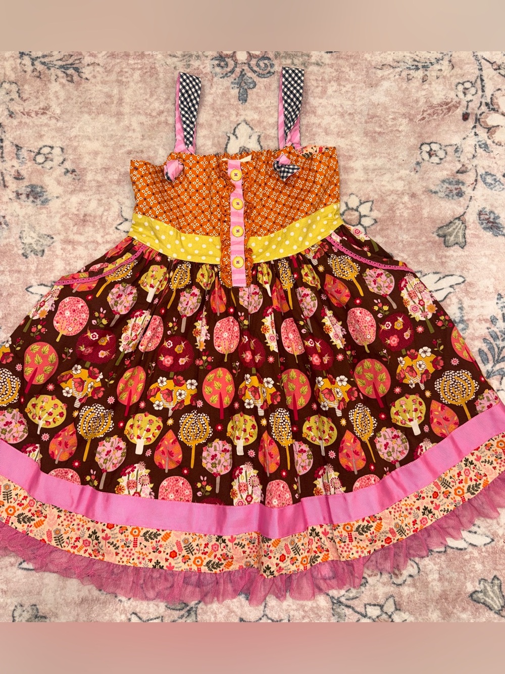 Girls Matilda Jane Fall Pink & Brown Patchwork Tree-Print Dress size 6